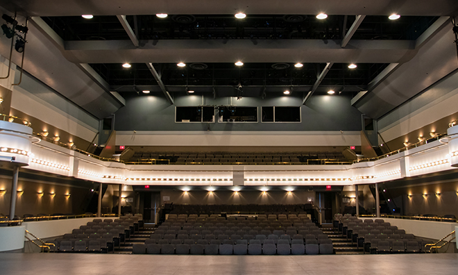  View of our theatre from the stage featuring the main floor, balcony and box seating. 