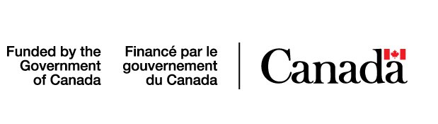 Government of Canada logo with funded by The Government of Canada writing, Red flag with white middle stripe containing red maple leaf,  Canada in black bold font